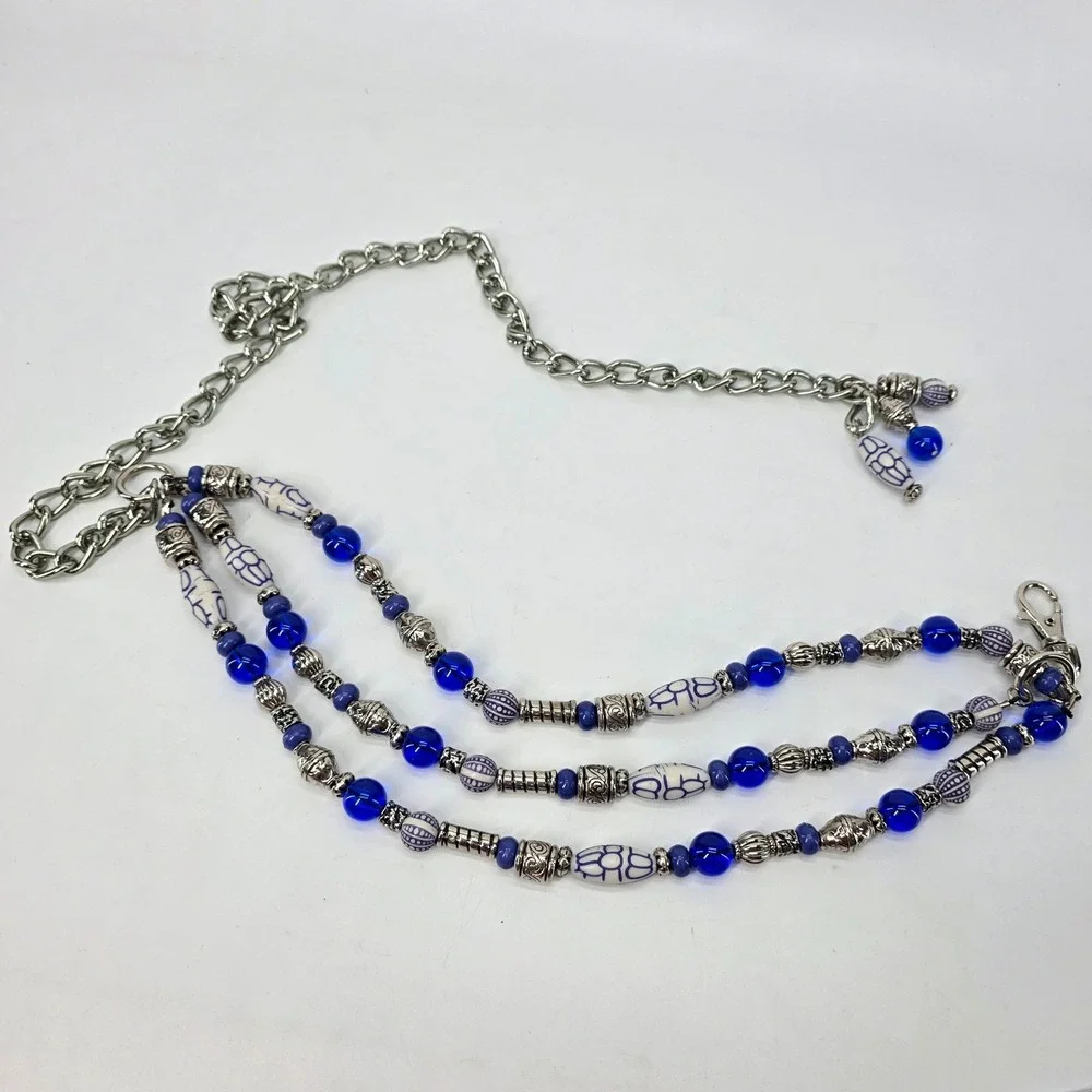 VTG Beaded Chain Belt Blue Silver Triple Strand Adjustable Waist Jewelry Boho